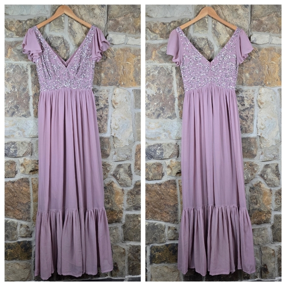 BHLDN Daphne Sequin Flutter Sleeve Chiffon Dress Gown - Picture 2 of 8